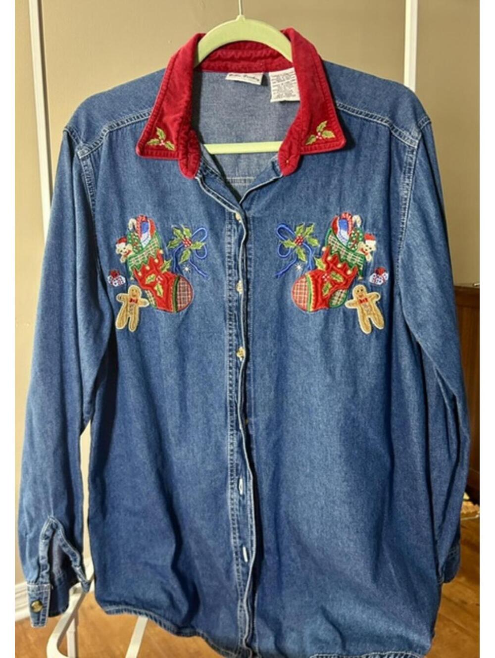 Bobbie Brooks Denim Christmas Shirt Red Velvet Collar & Holiday Embroidery Sz L
